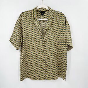 House of Harlow 1960 Women's M Satin Geometric Print Button-Up Shirt Boxy Casual